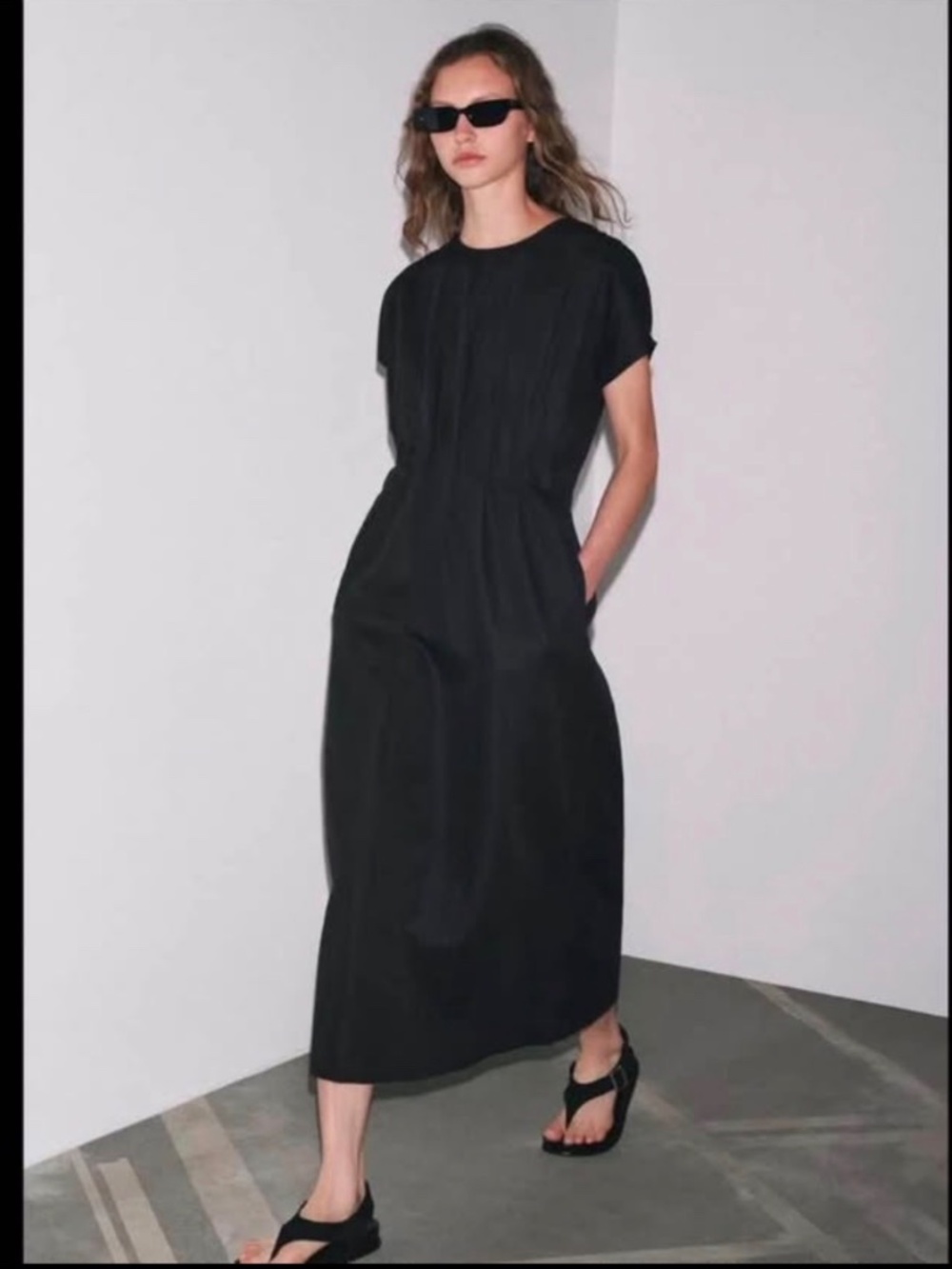 Zara Black Midi Dress with Tuck Detail